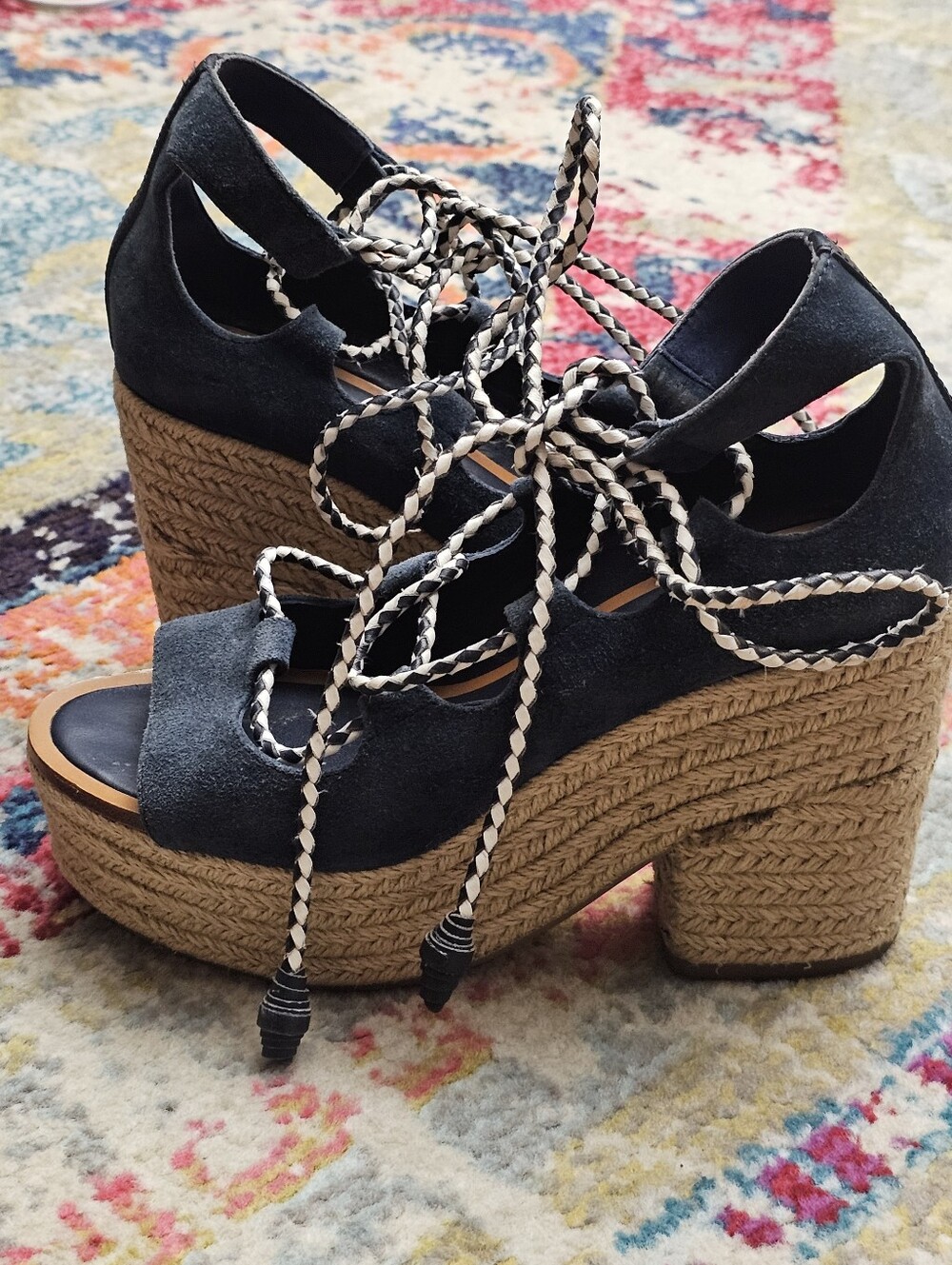 Tory Burch Positano Lace-Up Platform Suede Espadrille Navy Blue Women's Size 6